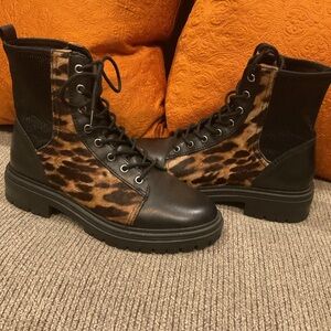 Vince Camuto Black and Leopard Combat Boots